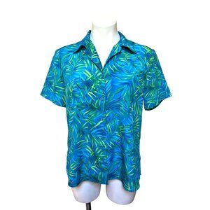 Vintage 90s Blue Palm Fronds Aloha Shirt Women's Petite Blue Teal